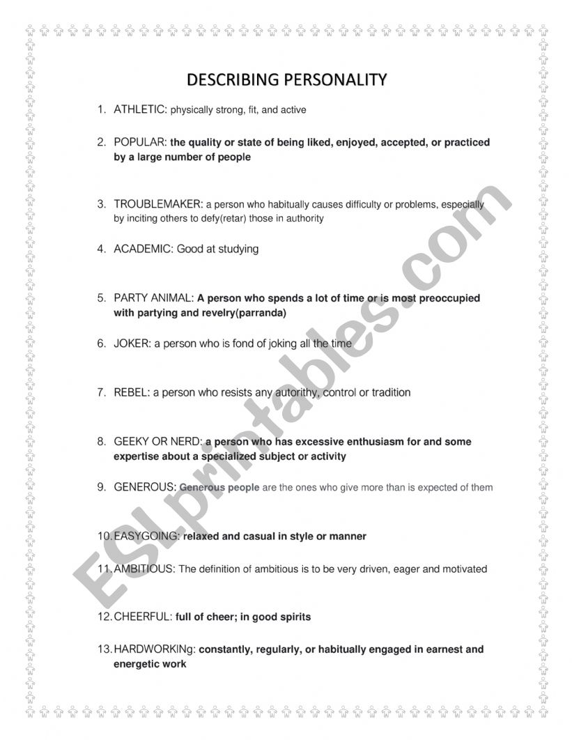 DESCRIBING PERSONALITY worksheet