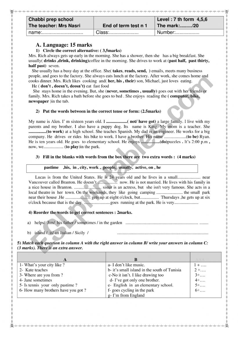 END OF TERM TEST 1 7 TH FORM worksheet