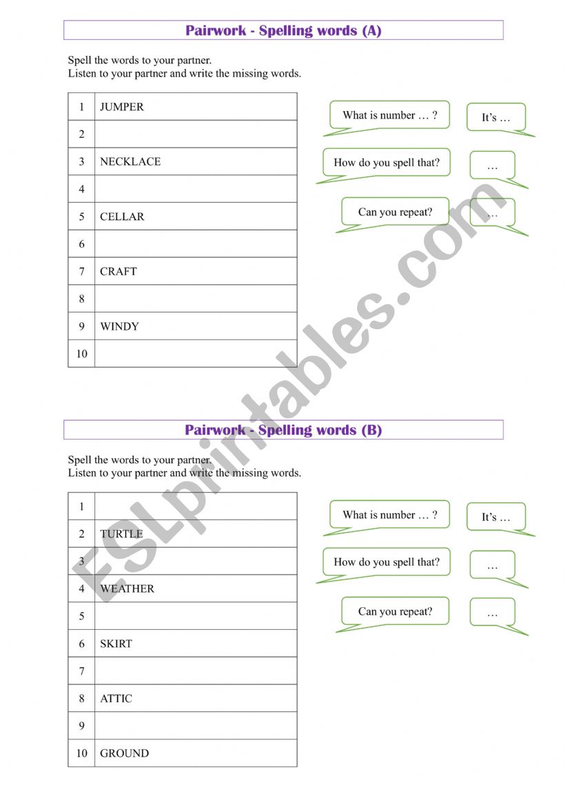 Pairwork - spelling words worksheet