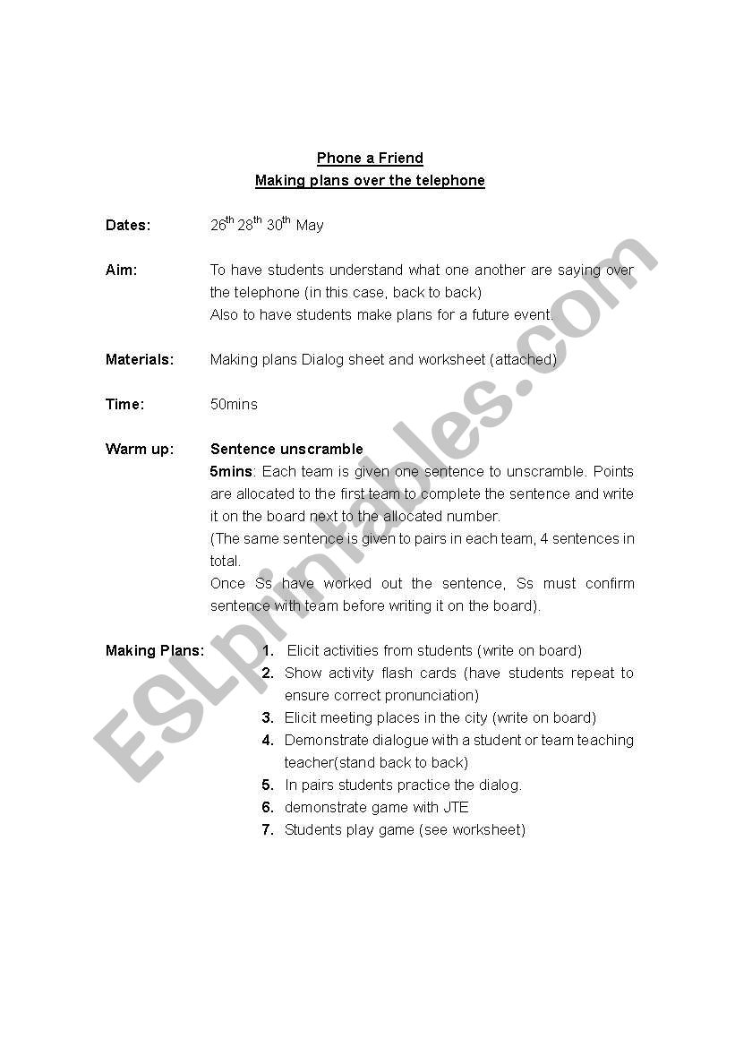 PHONE A FRIEND worksheet