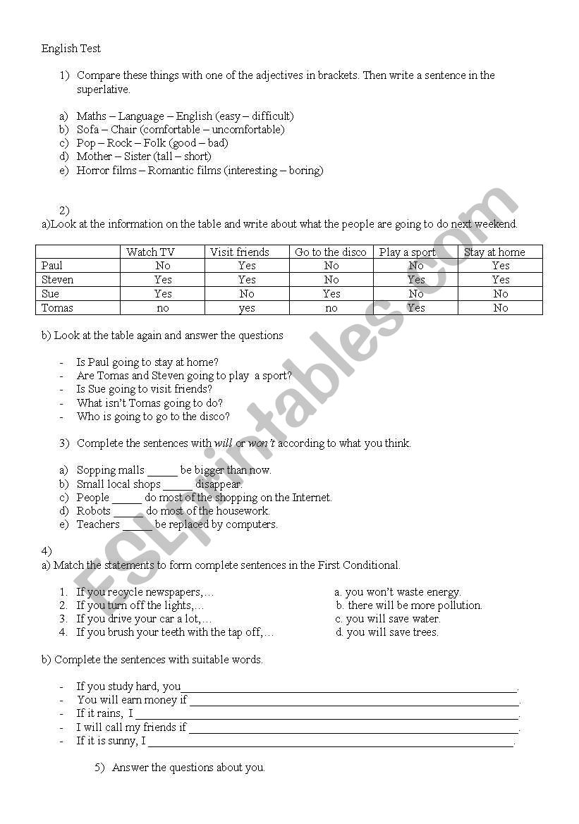 test for intermediate students