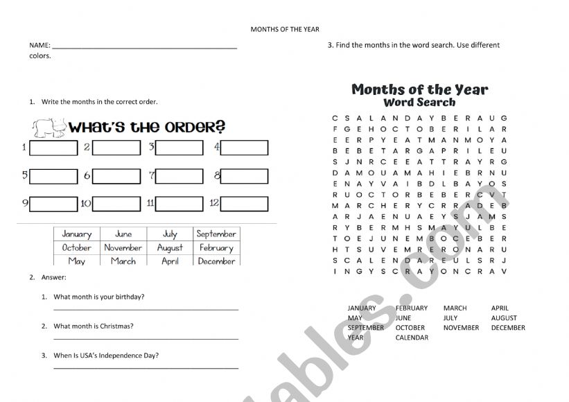 MONTHS OF THE YEAR worksheet
