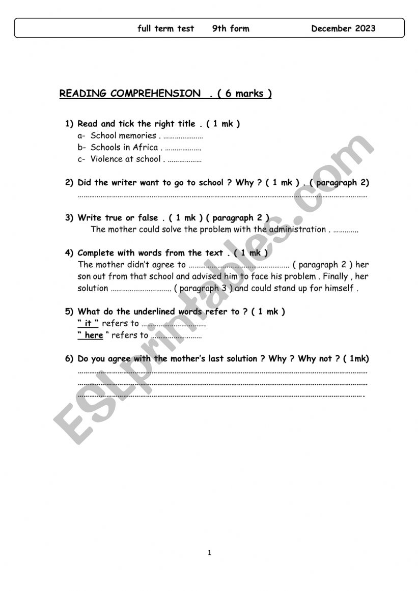 full term test 1 9th form  worksheet
