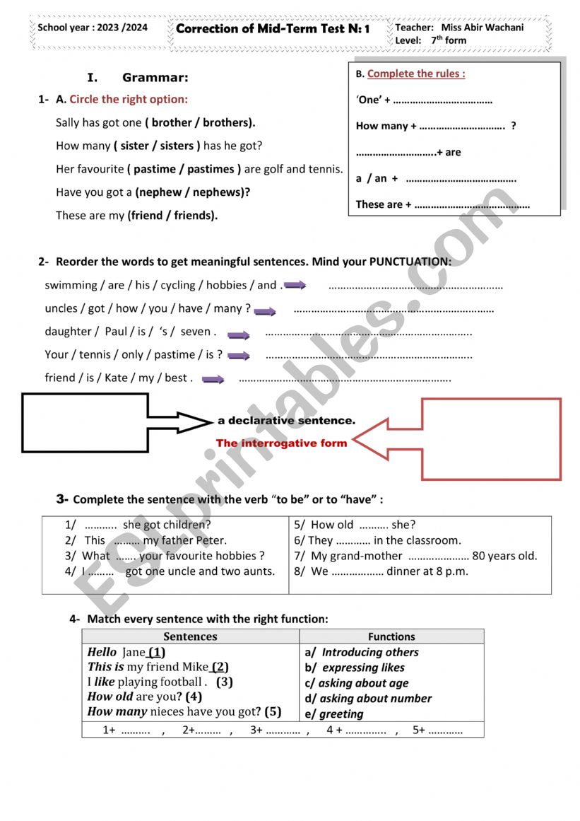 Correction of Mid-Term Test N1 -7th Form