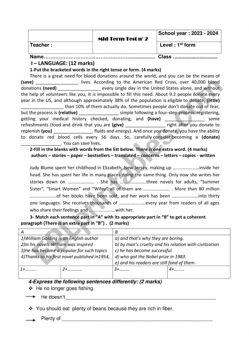 first form mid term test 2 worksheet