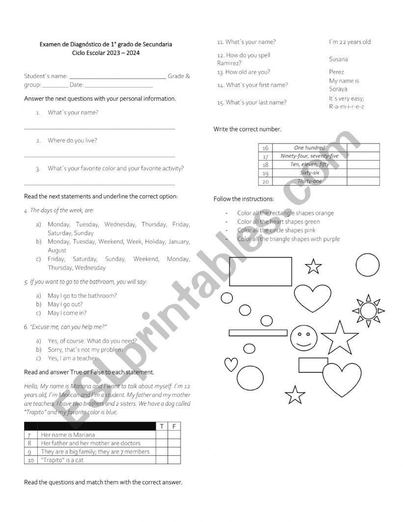 Diagnostic Exam worksheet