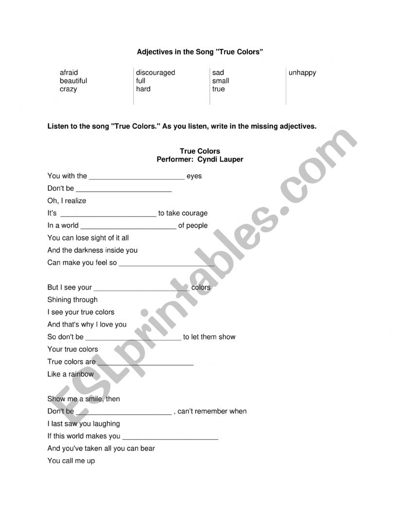 true colors worksheet