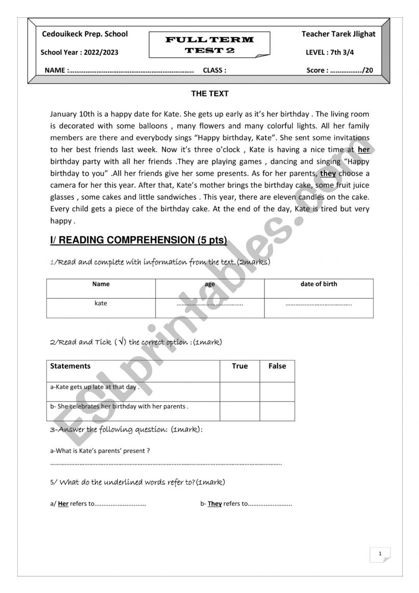 7th form end term test2 worksheet