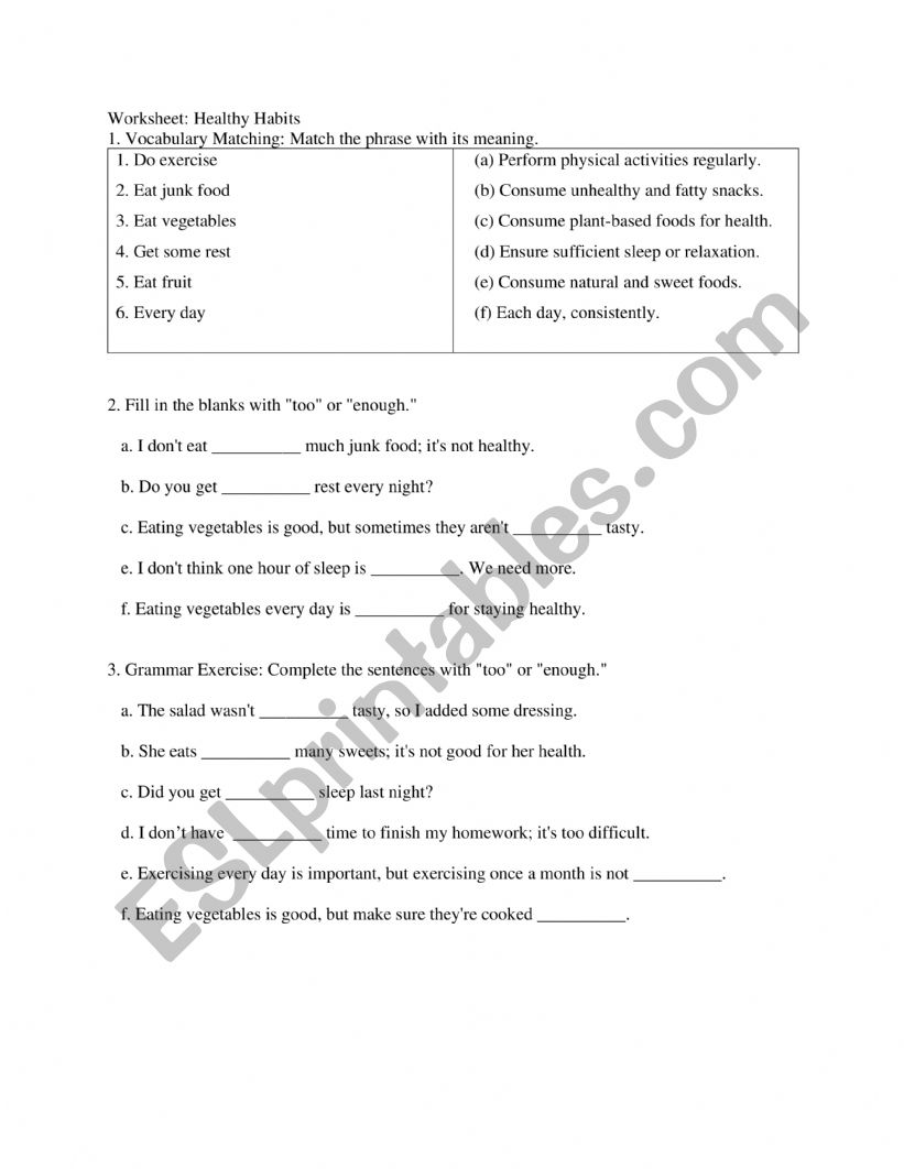 Healthy habits worksheet