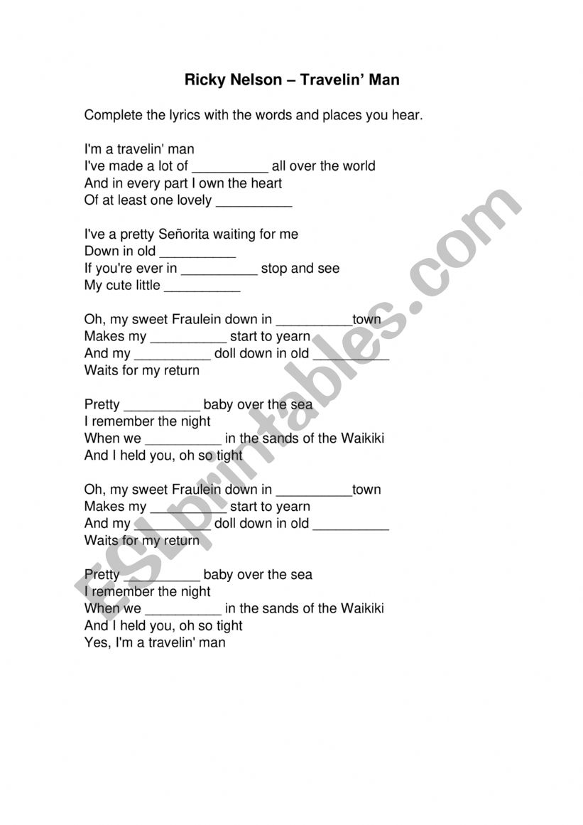 Ricky Nelson - Travelin Man worksheet