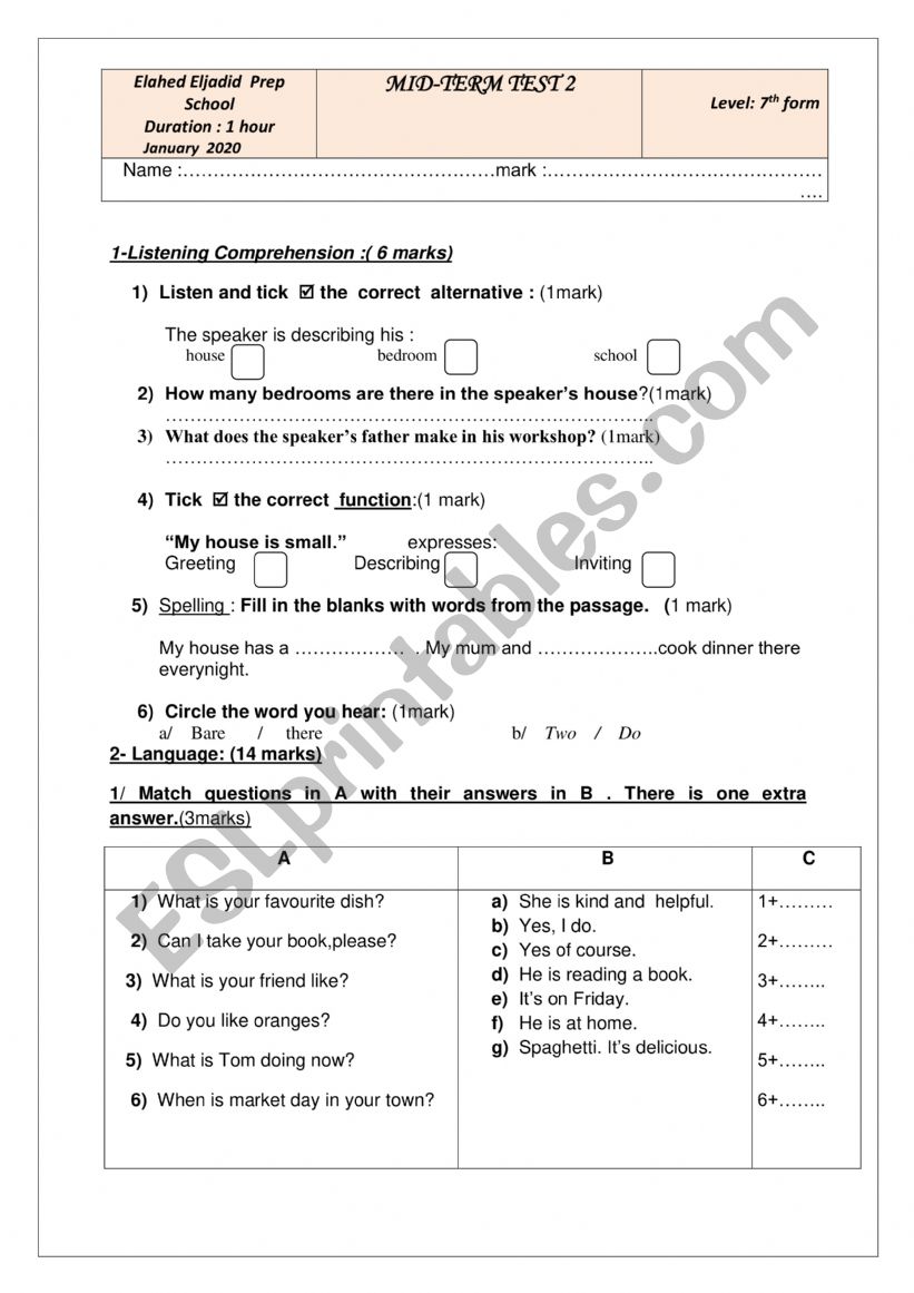 mid term test n2  for 7 th formers ( Tunisian program)