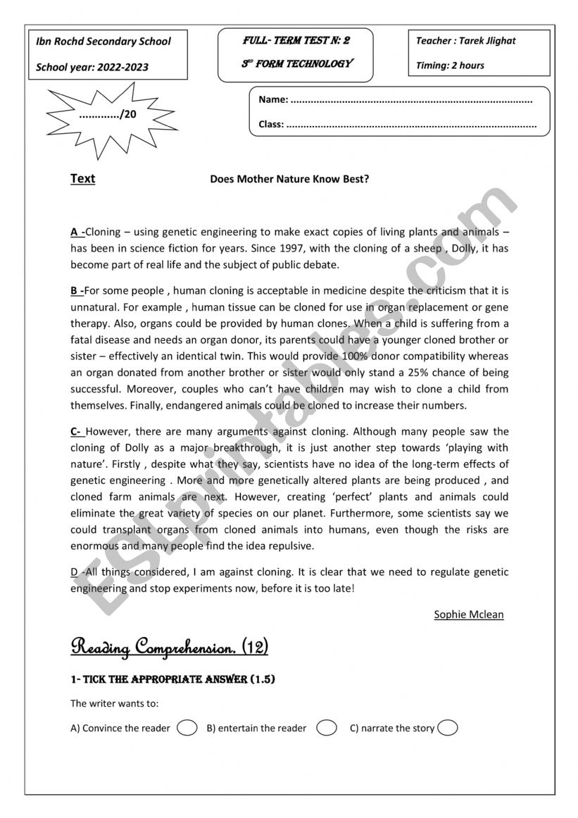 end term test n 3 3rd forms  worksheet