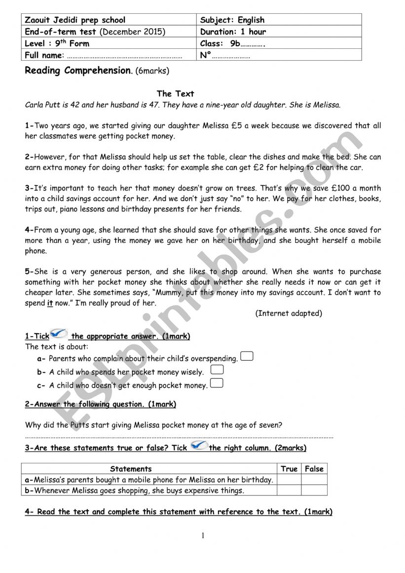 end termtest 9th worksheet