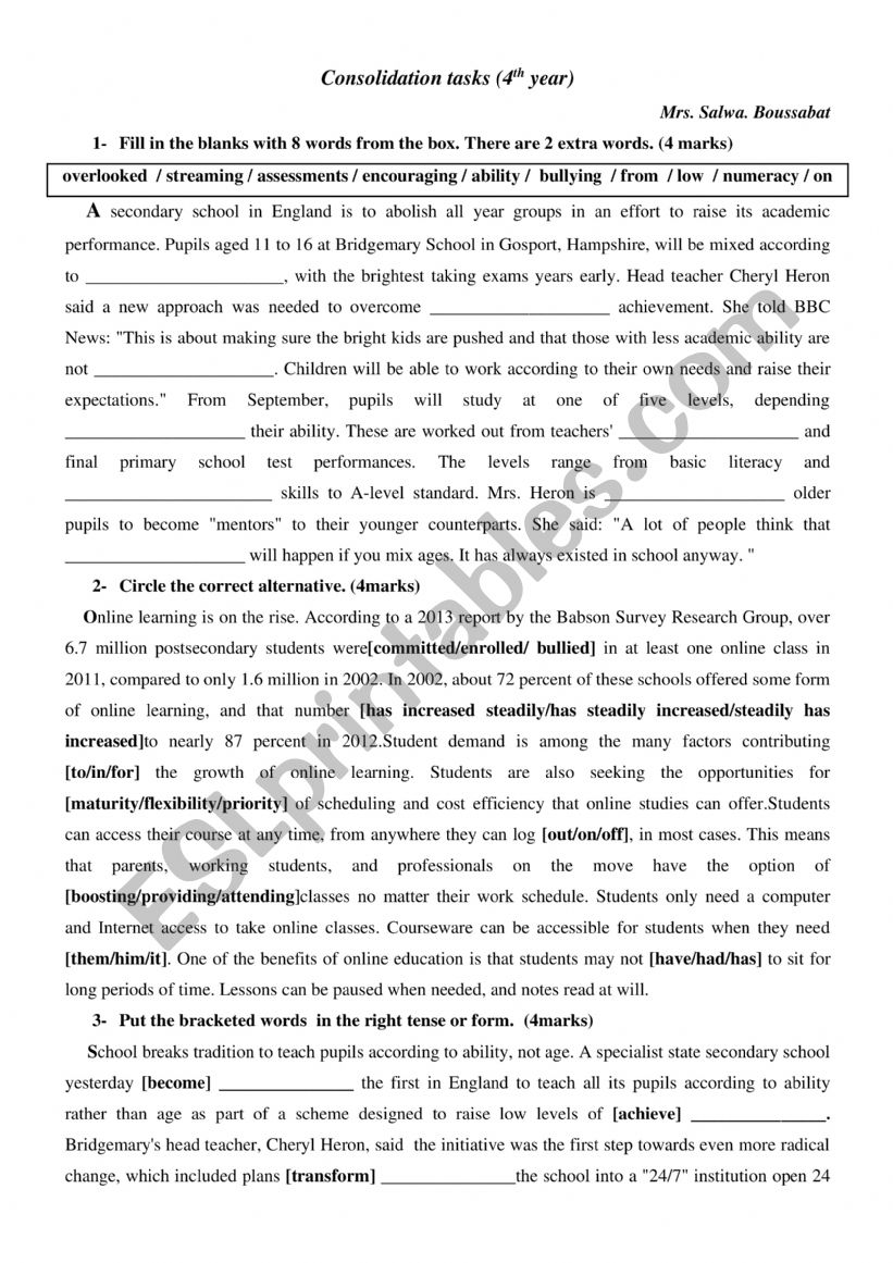 4th  year language tasks mid term 2 test 