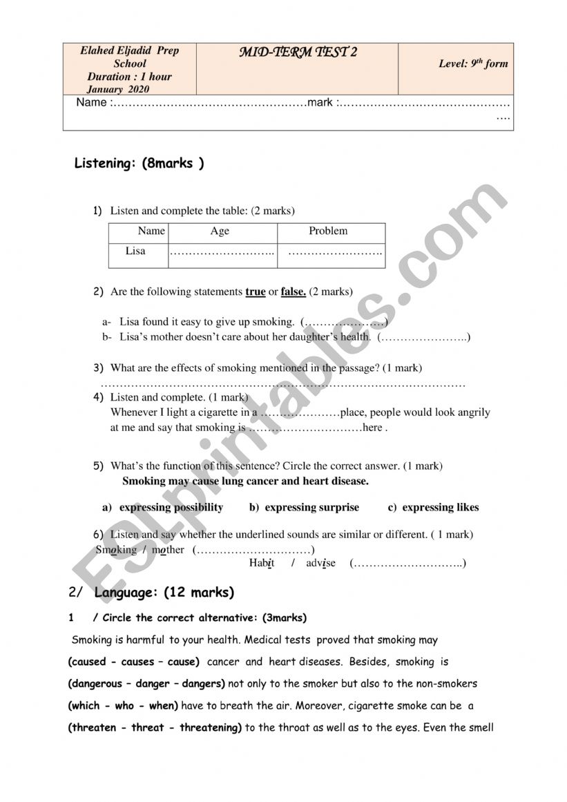 mid term test n2 for 9th formers. ( Tunisian program)
