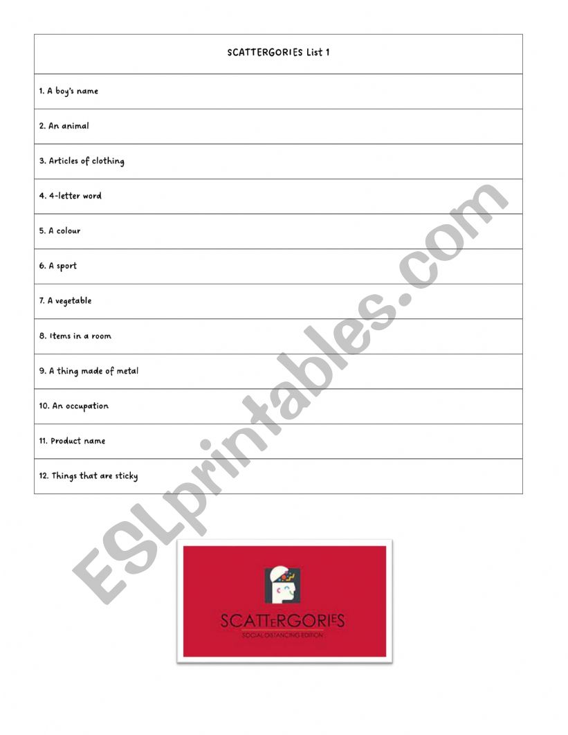 Scattergories game sheets worksheet