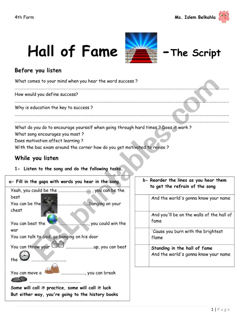 Hall of Fame by the script  worksheet