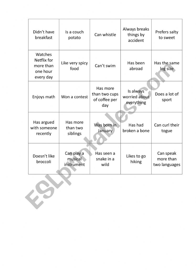 bingo worksheet