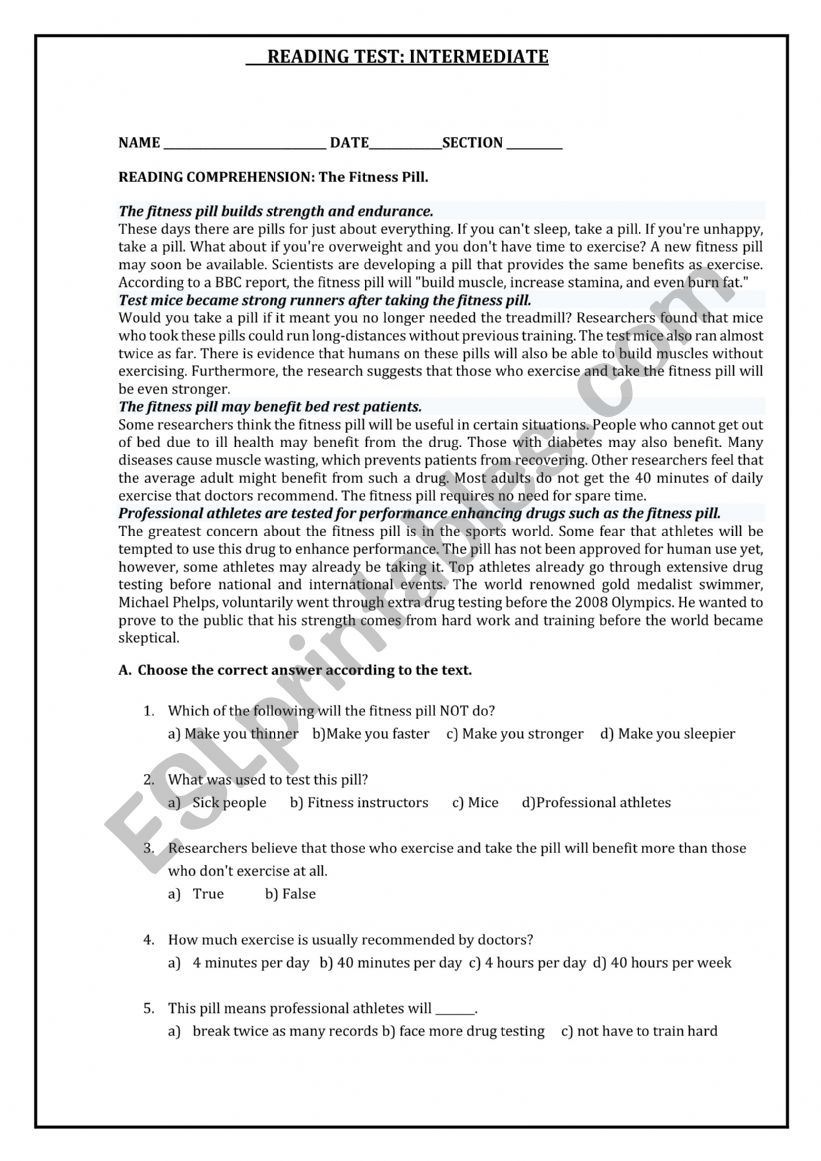 READING TEST; INTERMEDIATE worksheet