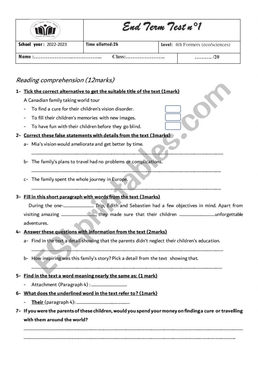 BAC end of term test n 1 worksheet