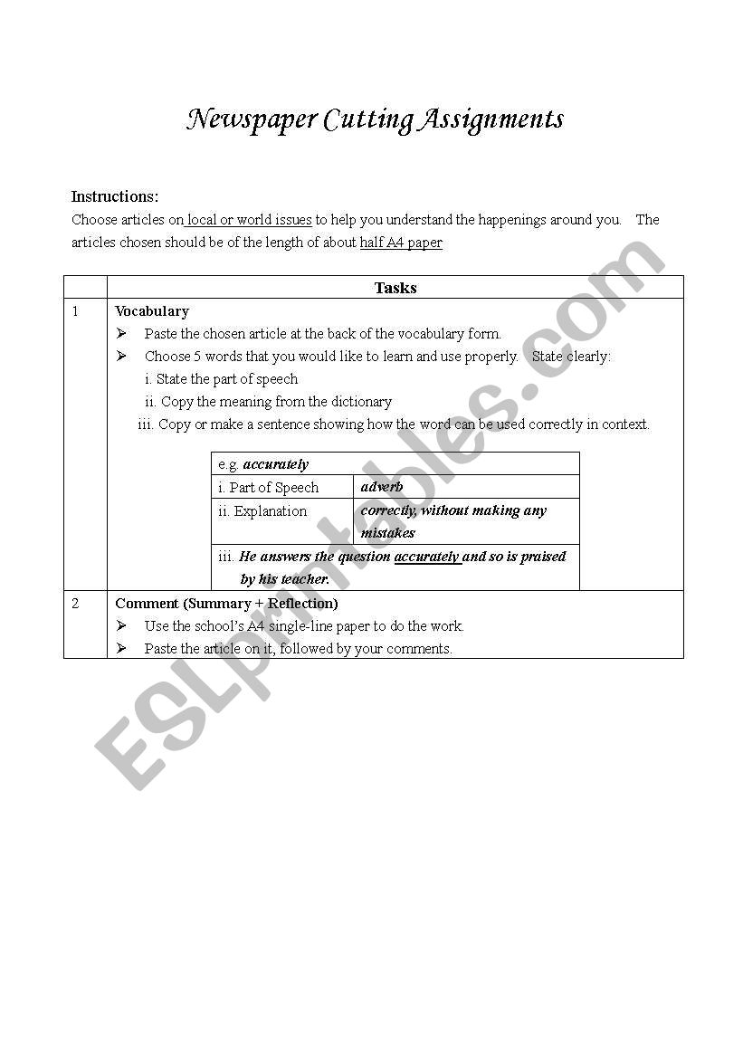 Newspaper Cutting Assignment worksheet