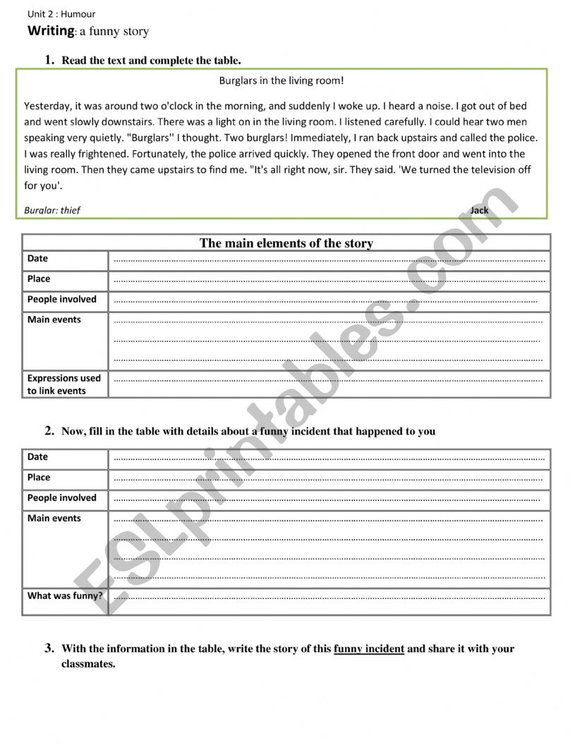 Writing a funny story worksheet