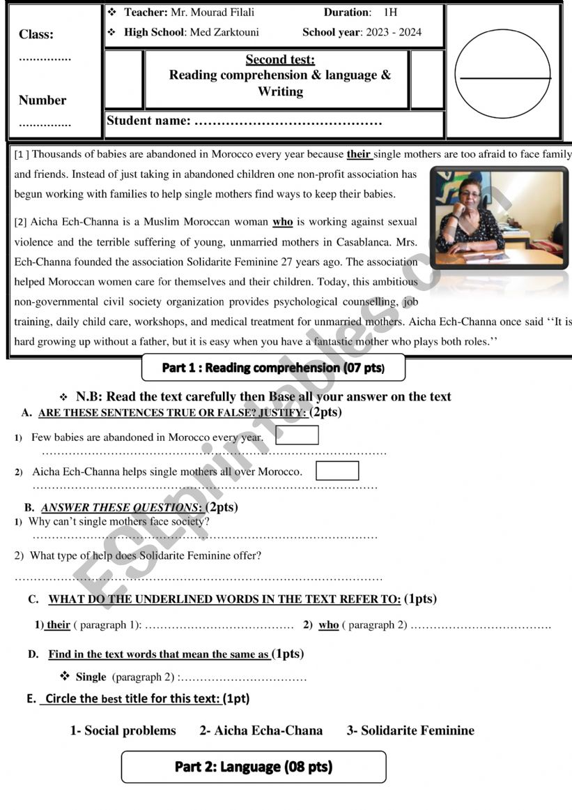 1 Bac test  worksheet
