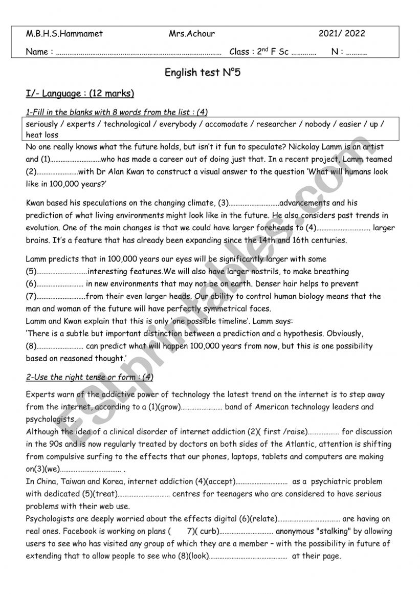 2nd form test worksheet