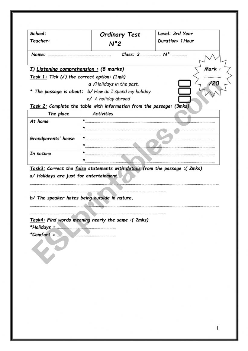 Ordinary Test 2 3rd Year Eco worksheet
