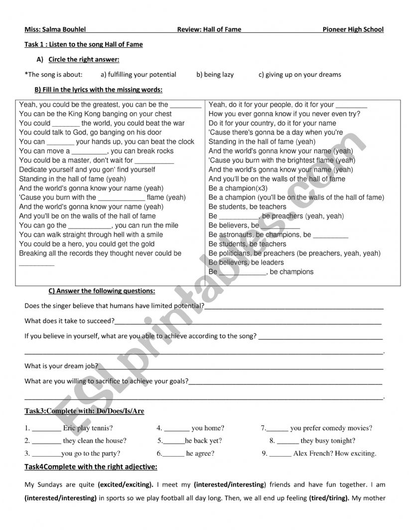 1st year Song about Success worksheet