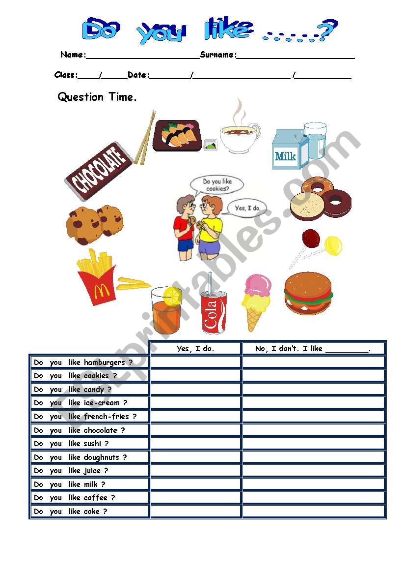 Foods  Like & Dislike worksheet