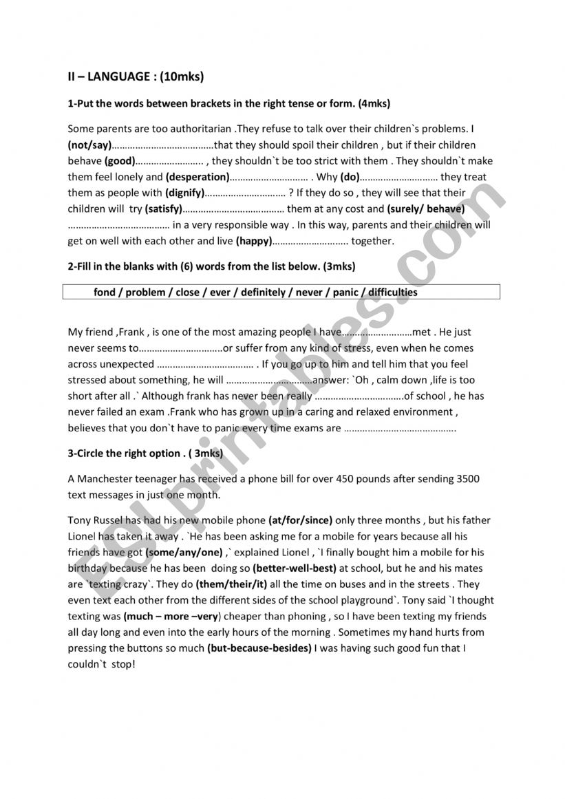 2nd form end term test 2 worksheet