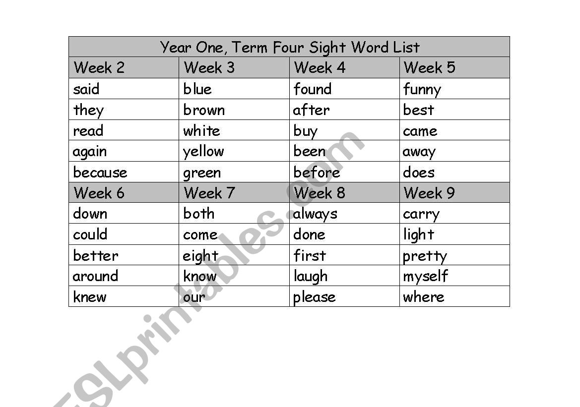 sight words list worksheet