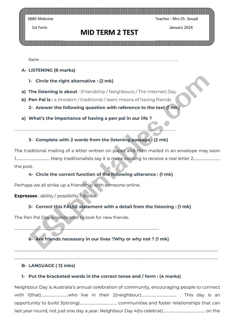 Mid Term 2 Test 1st Form Tunisian school