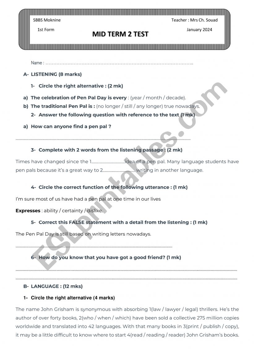 Mid Term 2 Test 1st Form worksheet