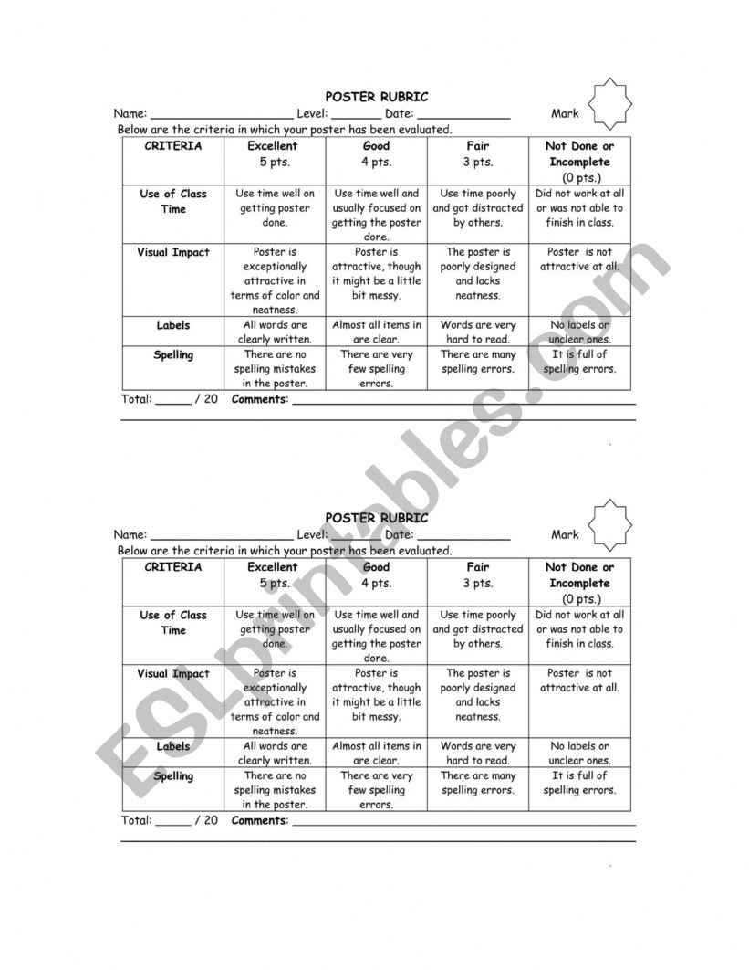 Rubric for evaluating Posters worksheet