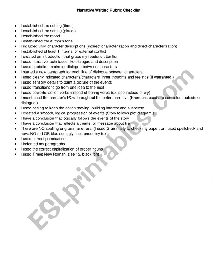 Narrative Writing Checklist worksheet