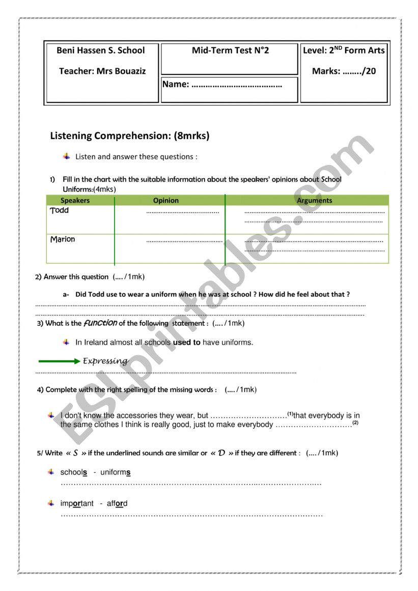 Mid-term Test N°2 2nd Form worksheet