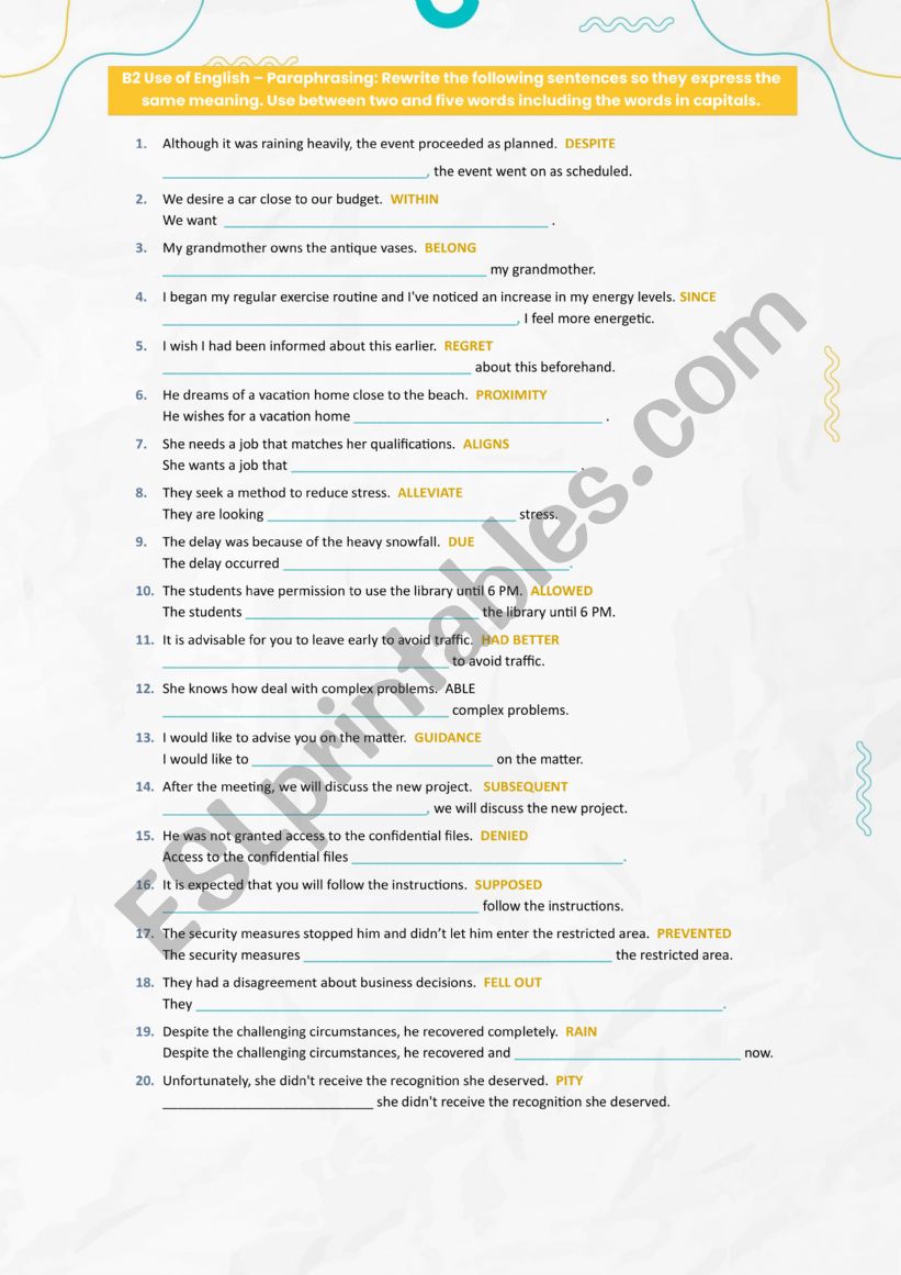 Use of English  key word transformation Matura B2