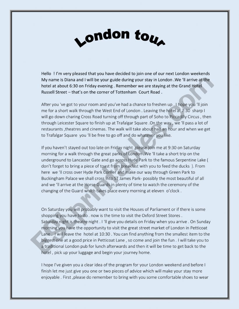 London Tour worksheet