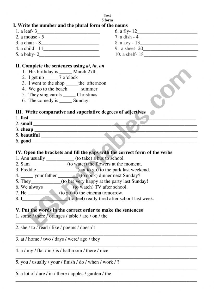 Test 5 form worksheet