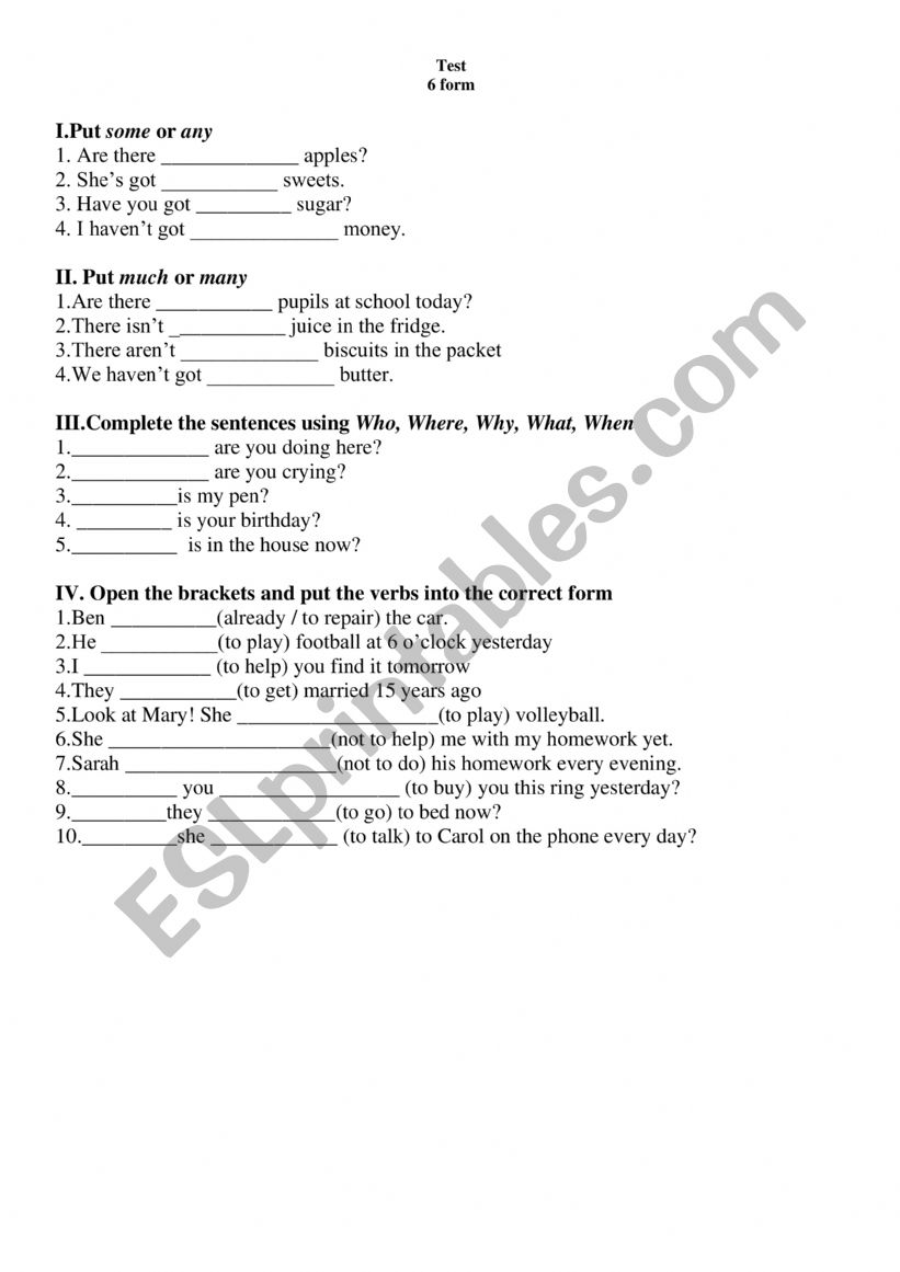 Test 6 form worksheet