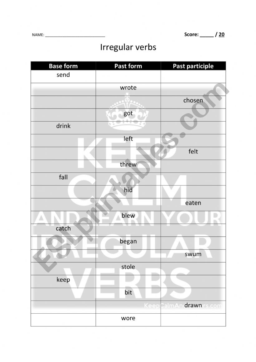 Irregular verbs test worksheet