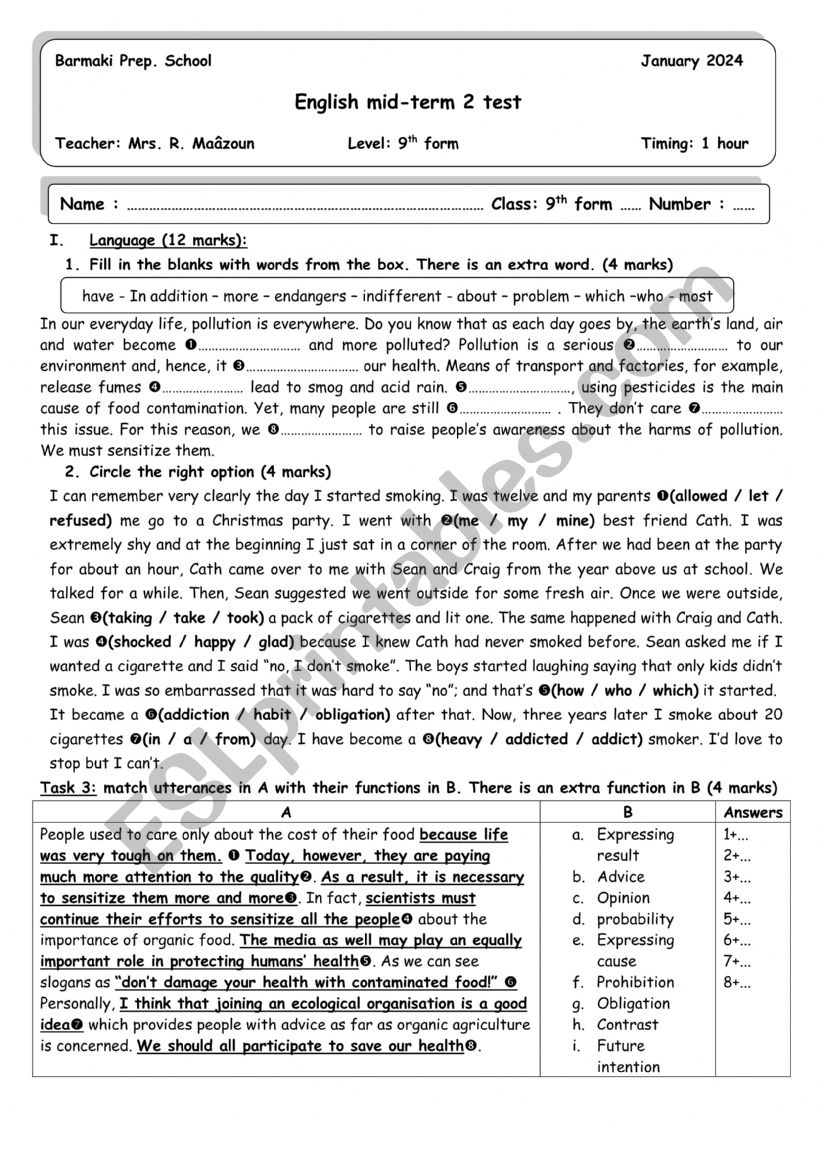 mid-term 2 test 9th form worksheet