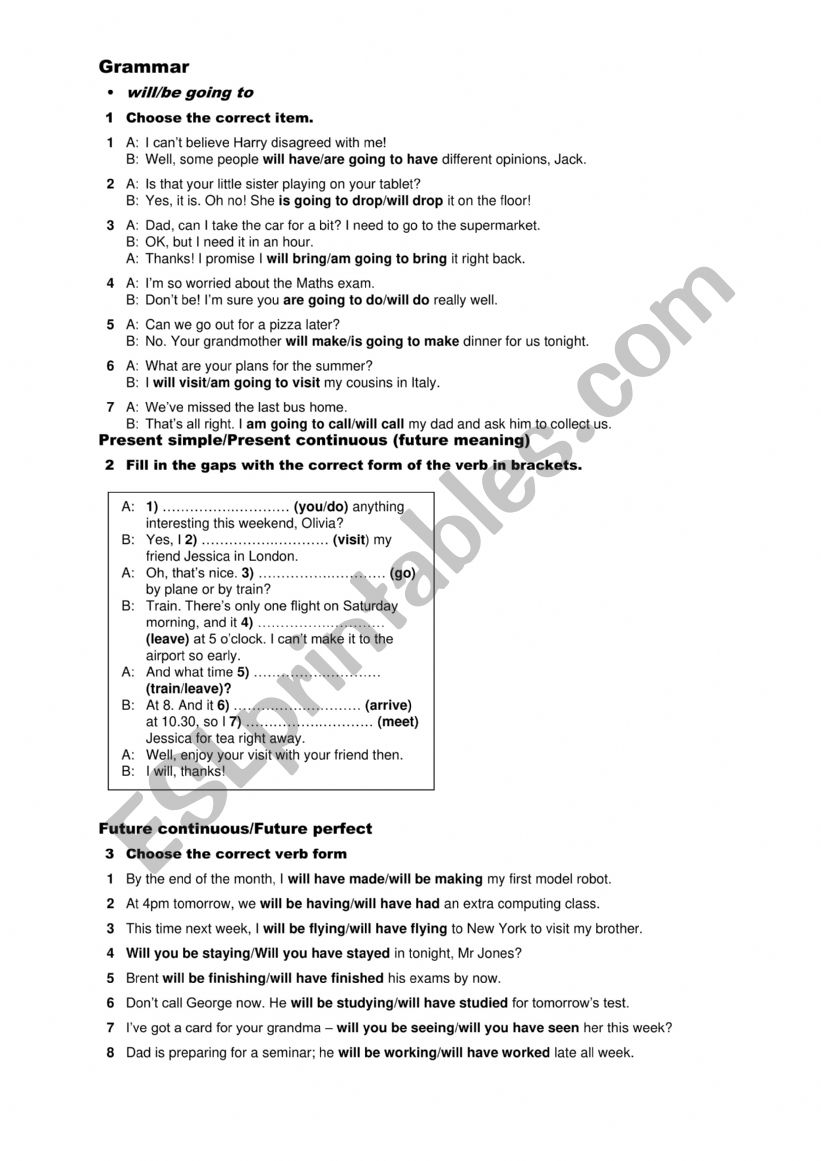 grammar test Future Tenses worksheet