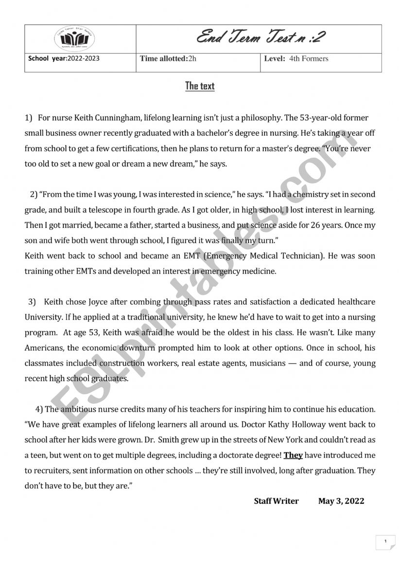 bac end of term test n 2  worksheet