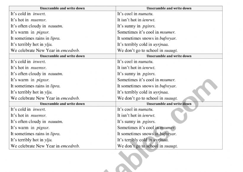 Seasons and months_unscramble worksheet