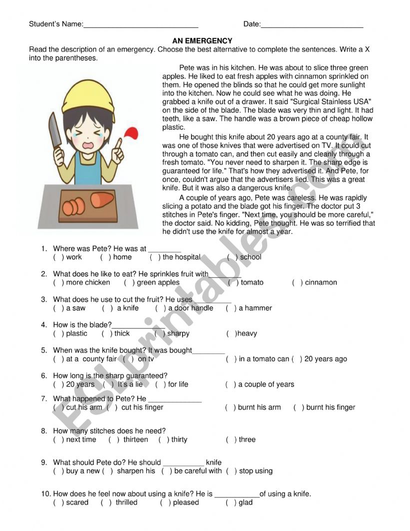 AN EMERGENCY worksheet