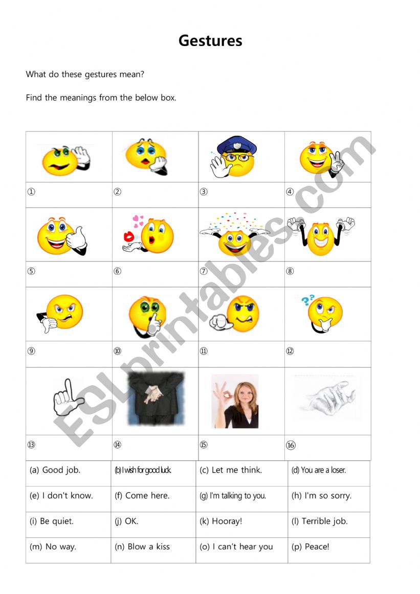 Gestures worksheet