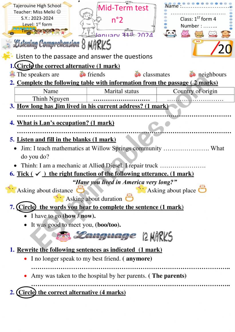 1st form Mid term test n2 worksheet